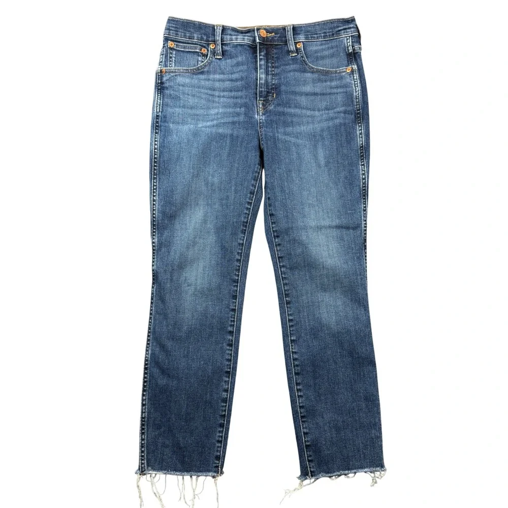 J Crew Vintage Slim Straight Jeans Medium Wash Raw Hem 27P Petite High Rise